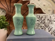 Wheaton Industries Vintage Mint Green W/ Pine Cone Design Mini Vase 60s 70s Pair