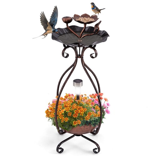 Solar Outdoor Bird Bath & Feeder Combo w/ Flower Planter Pedestal & Solar Lights
