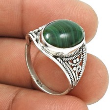 Oval Natural Malachite 925 Solid Silver Boho Cocktail Bezel Wedding Ring Size 8