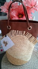 NWT SENSI STUDIO TWO TONE HANDMADE STRAW & LEATHER BAG