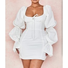 House Of CB Elsie White Puff Sleeve Corset Mini Dress Size Large Milkmaid Bridal