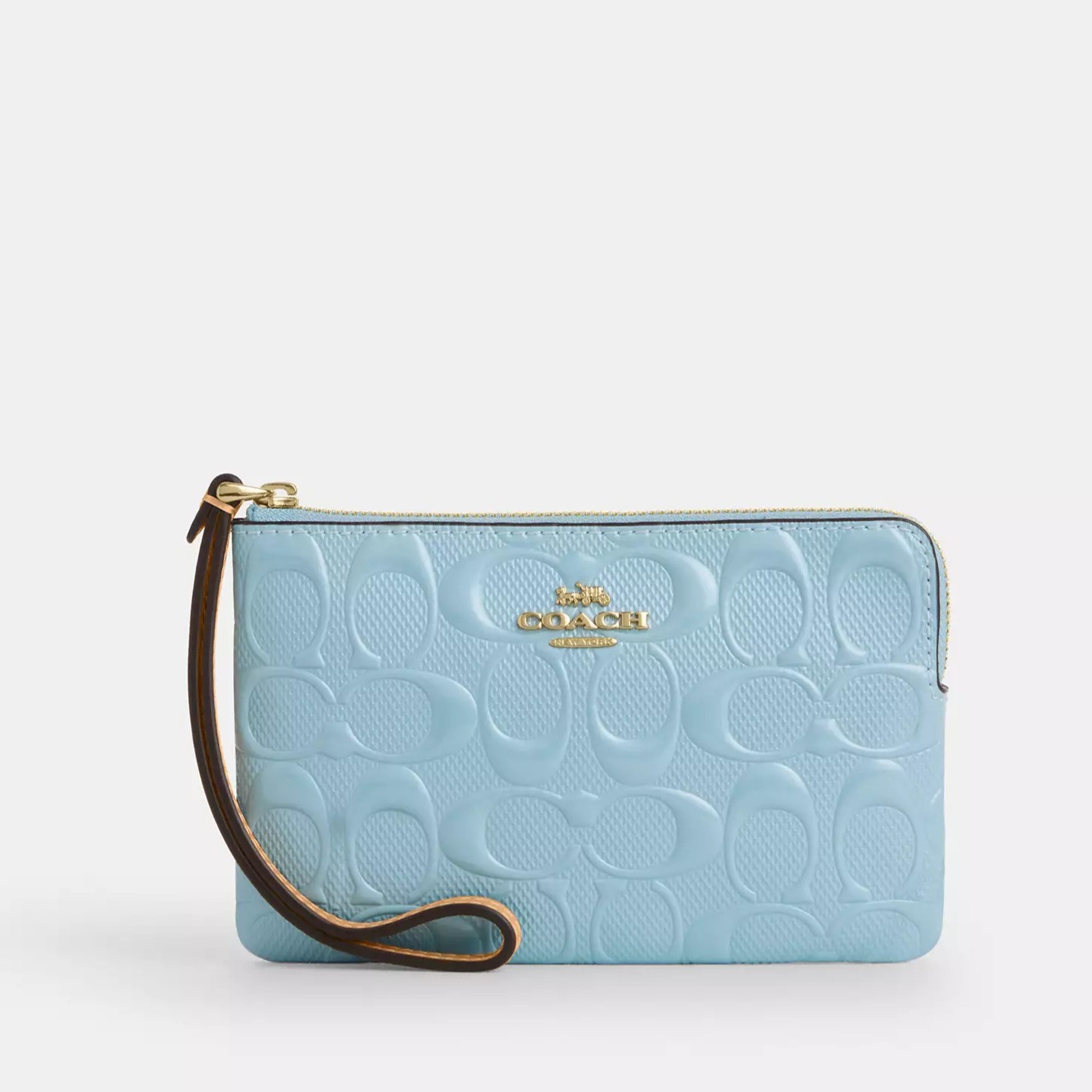Coach Corner Zip Wristlet in Signature Leather Gold/Light Blue NWT