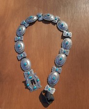 Vintage Navajo Sterling Silver Repousse Sleeping Beauty Turquoise Concho Belt