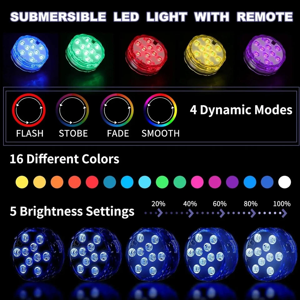 Underwater Submersible LED Lights RGB Remote Control Battery Operated Water 1-4P - Image 3 of 4