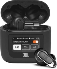 JBL Tour Pro 2 wireless earbuds with ANC and smart touch display, black.