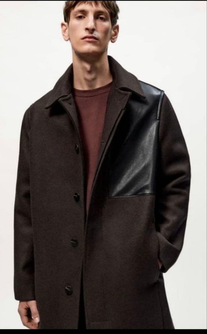 【美品】Studio Nicholson Zara ピーコート レザー ZARA STUDIO NICHOLSON Patch Leather Coat L Brown Wool