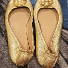 Tory Burch Gold Leather Logo Ballet Flats Wom...