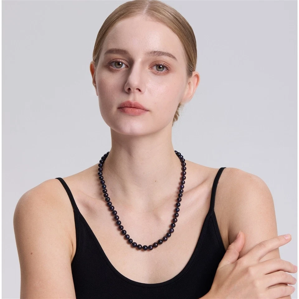20 Inch Long Genuine ROUND 9-10mm Black Pearl Necklace Cultured Freshwater - Image 2 of 4