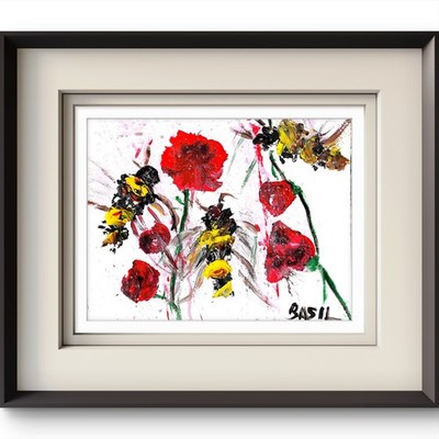 Splash Art Bees On Roses Contemporary Pop Art Acrylic Paper Painting