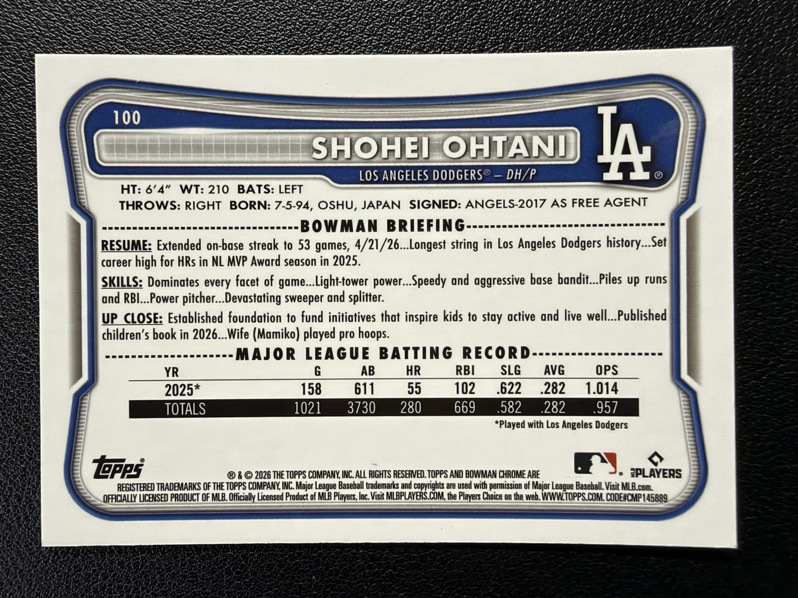 2026 Bowman Chrome Shohei Ohtani #100 Wave Refractor /100 🔥 Dodgers- SP view 2