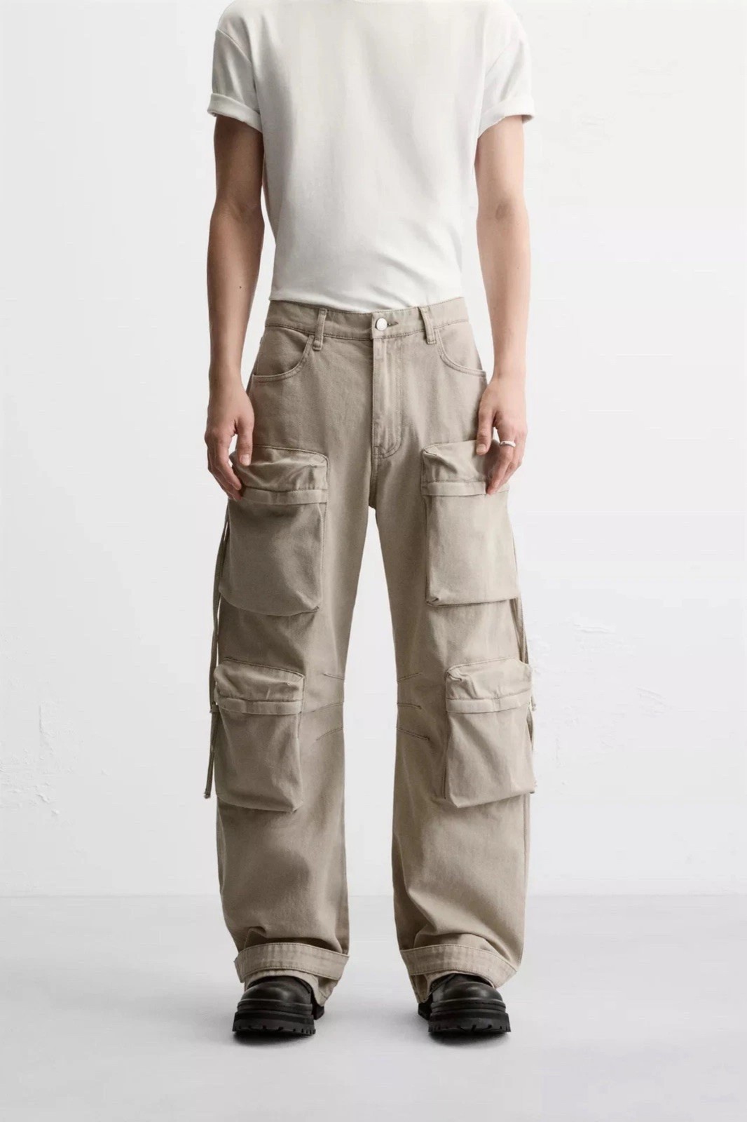 ZARA MAN Y2K CARGO TROUSERS UTILITY POCKETS PANTS KHAKI BAGGY JEANS 5575/472 VTG image 2