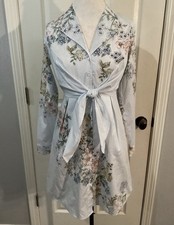 Kaari Blue Floral Shirt Dress Tie Waist Collared Long Sleeve Knee Length S