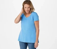Isaac Mizrahi Live! Short-Sleeve Top with Curved Back Seam Shore Blue XXS A37568