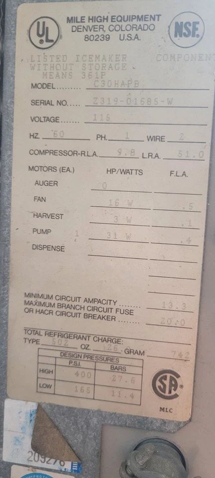 "ICE-O-MATIC B55PPA" MÁQUINA DE HIELO REFRIGERADA POR AGUA EN CUBO DE HIELO CON CUCHARA DE HIELO Foto 3 de 4