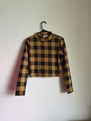 Mango MNG Yellow Plaid Mock Neck Long Sleeve Crop Top Size L