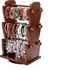 Two-Sided Rotating Wooden Jewelry Bracelet Holder Display Stand with 6 Remova...
