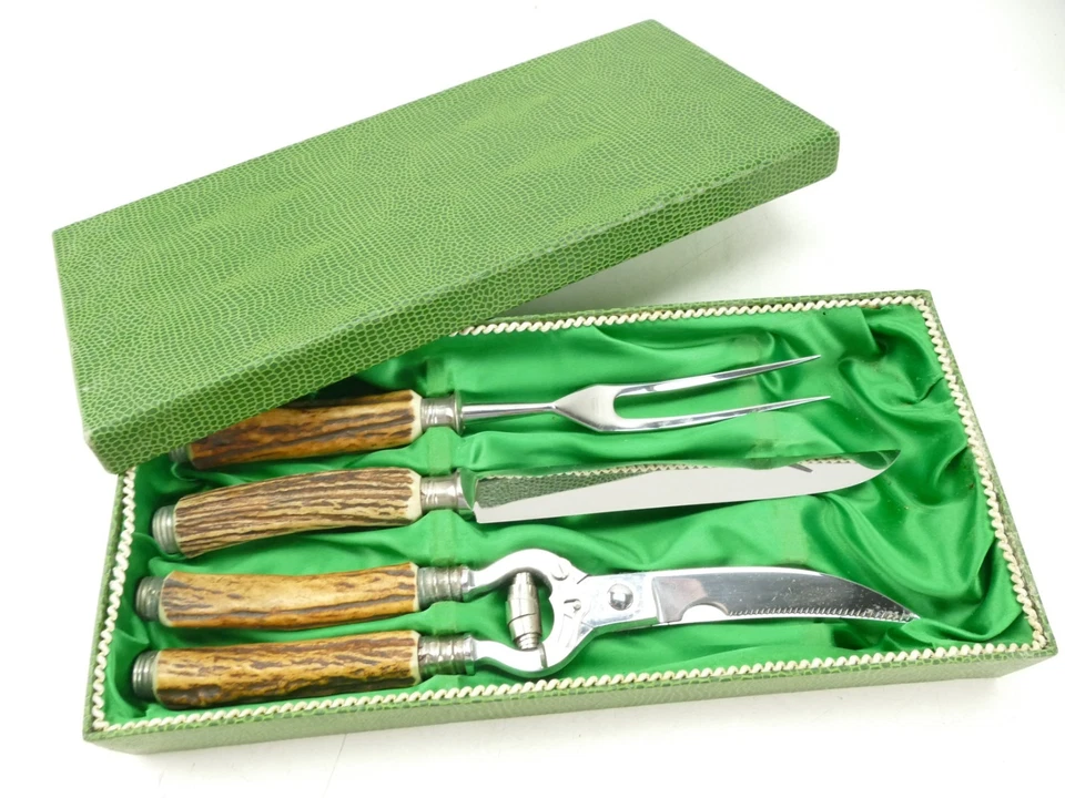 Jäger Messer Tranchierset Gabel Geflügelschere Horngriffe top Vintage Z-4594 - Bild 1 von 4