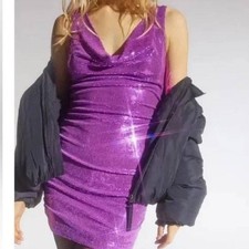Urban Outfitters Magenta Purple Sequin Cowl Neck Ruched Mini Dress Small
