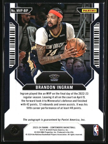 2023-24 Panini Contenders Brandon Ingram MVP Contenders Autographs Bronze #/15 - Picture 2 of 2