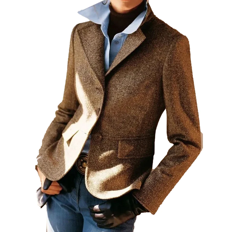 New Women Brown Vintage Herringbone Jacket Three Buttons Office Working Blazers - Image 2 of 4