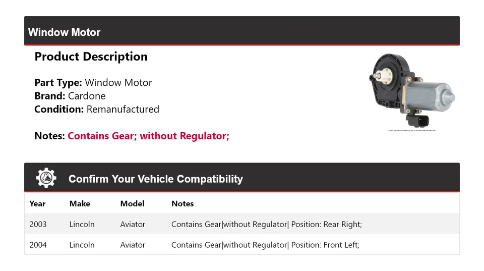 适用于 2003 - 2004 年林肯飞行员车窗电机 Cardone — 第 2/4 张图片