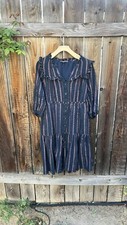 Anthropologie Midnight Ruffled Midi Dress Size M .Navy Blue Rose Gold Stripe