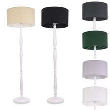 Traditional Candle Stick Floor Lamp White Wood Base Fabric Lampshade LED Bulb