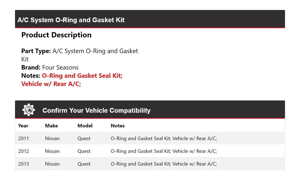 Kit de junta tórica y junta sistema de aire acondicionado Nissan Quest 2011-2013 4 estaciones 2012 Foto 2 de 4