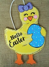 HELLO EASTER CHICK w/EGG SIGN Wall Art Door Hanger PLAQUE Seasonal Spring Decor