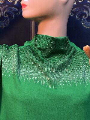 Luxury Quality Sparkly Green Crystals Flare Sleeve Blouse Christmas Gift For Her