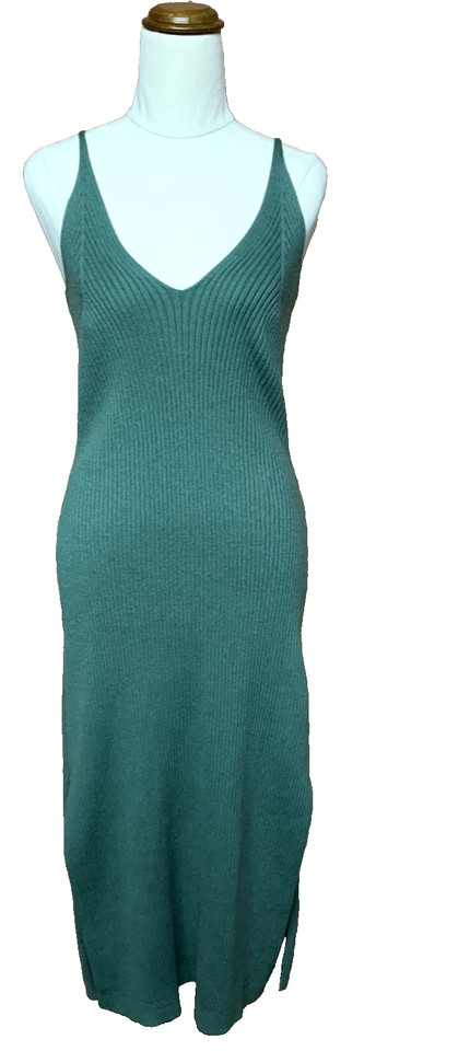 Ally Women's 12 Viscose Blend Knit Sleeveless Bodycon Rib Midi Dress Slits Green