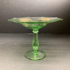 Green Depression Etched Vaseline Uranium Candy Dish Glass Pedestal Compote