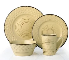 Dinnerware Set Yellow Stoneware 16 Piece Round Weave Distress Design Plates Mugs