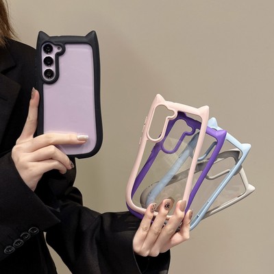 For Samsung Galaxy S24 S24+ S23 S23+ Plus Cute Cat Ear`s Clear Phone Case Cover