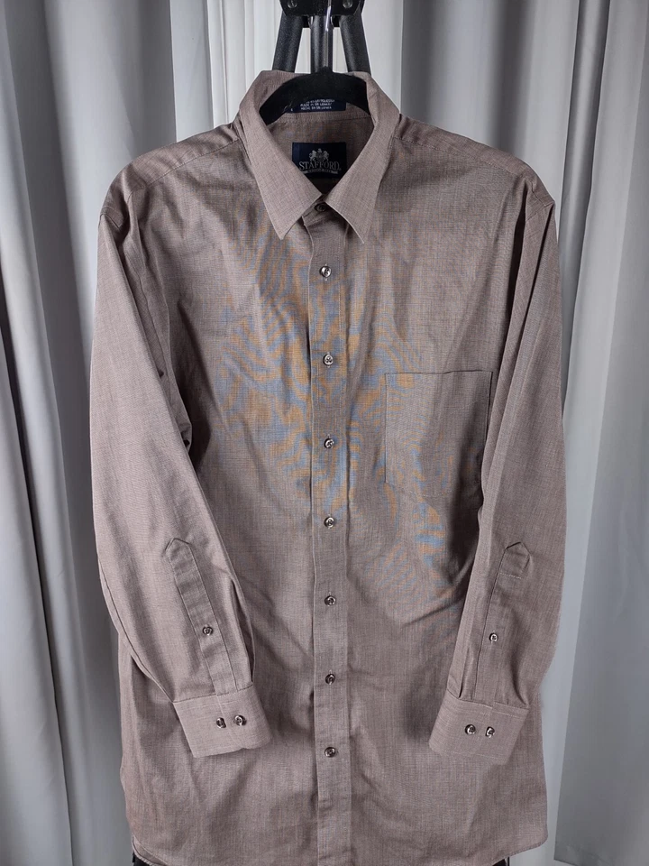 Stafford Dress Shirt Mens 16.5 32/33 Khaki Fitted Travel Button Up Long Sleeve - Image 2 of 4