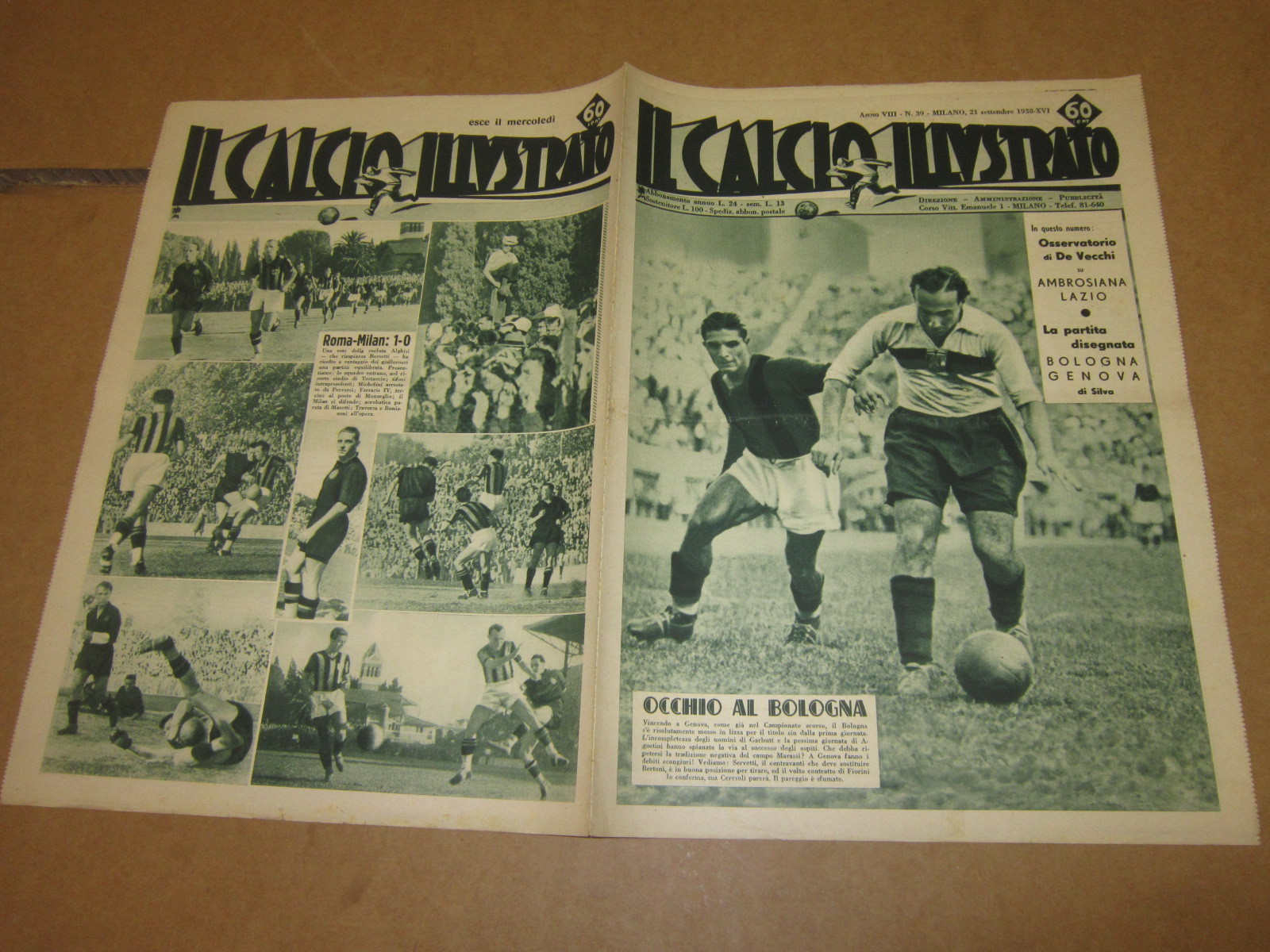 IL SOCCER ILLUSTRATO N°39 SEPTEMBER 1938 AMBROSIANA LAZIO BOLOGNA GENOA MILAN