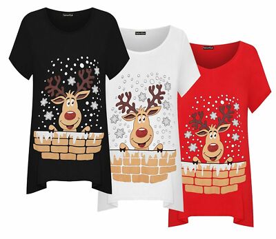 Damen-T-Shirt Übergröße kurz SLV Rentier Schneeflocke Taschensaum Damen langes Oberteil