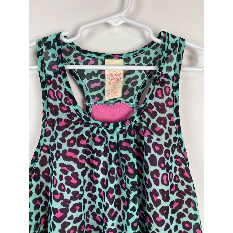 Blusa Desteñida Glory Niñas Azul Rosa Estampado Leopardo Cuello Redondo Abertura Trasera M 7-8 Foto 3 de 4