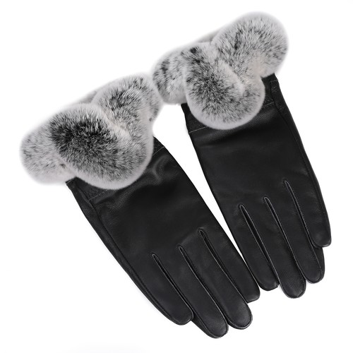 Women's Winter Warm Genuine Leather Gloves Rex Rabbit Fur Trim Cuff Velvet Lined - Picture 48 of 58