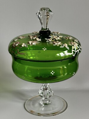 Vintage große böhmische Bonboniere mit Emaille Blumenschmuck 