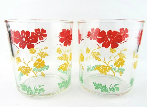 2 VINTAGE ANCHOR HOCKING FLOWER 4" GLASS TUMBLERS SWANKY SWIGS RED KITSCH