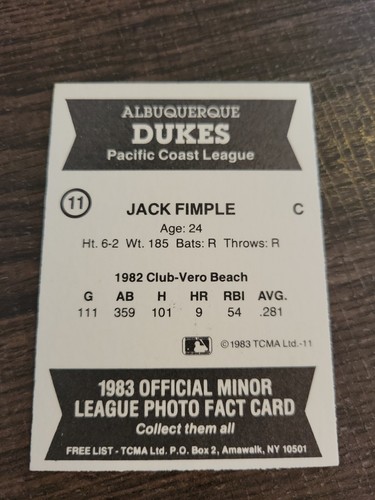 Jack Fimple #11 1983 TCMA Baseball Card - Picture 2 of 2