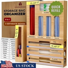Bamboo Bag Storage Organizer Drawer Wall Mount Plastic Wrap Foil Baggie Labels
