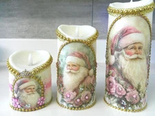 Shabby Chic Victorian~3 LED Candles w/Santa Images #2~Gold Beaded Trim/Crystals