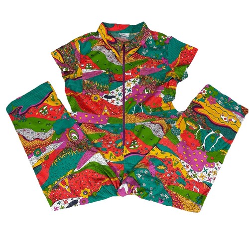 Blue Platypus Clothing Size XL Landscape Jumpsuit Rainbow Farm Retro 70s Pattern