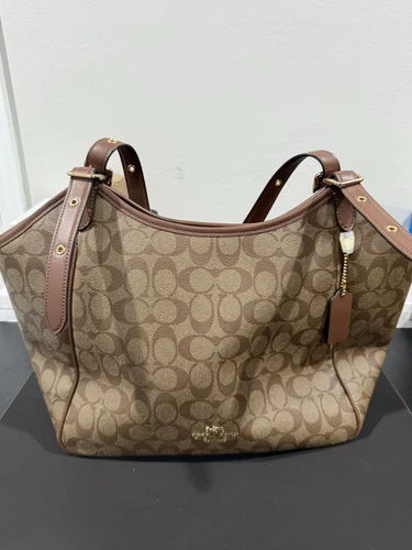 Borsa a tracolla Coach Signature Meadow in kaki con sella bordo marrone e oro Nuova con etichette