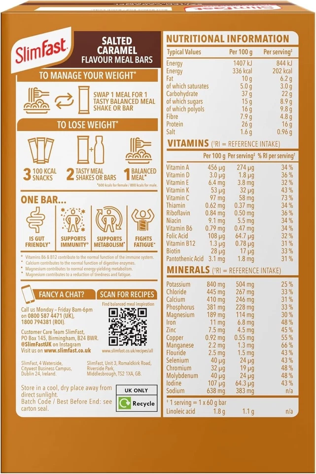 Slimfast Salted Caramel Meal Replacement Bars 4 x 60g, Supports Immunity - Image 2 of 4