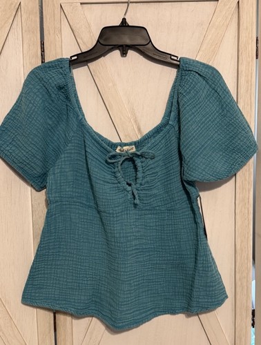 Derek Heart Sz Medium Women’s Blouse Turquoise Short Sleeve Tie Front Babydoll - Picture 2 of 5