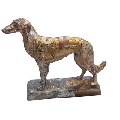 Vintage Cast Metal Borzoi Russian Wolfhound Dog Statue Distressed Gilt 8x8.5''