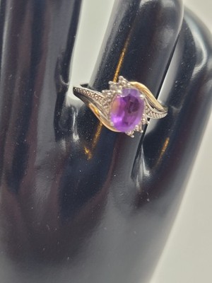 Bicolor 925 Sterling Silber 10K Gold Amethyst Diamant Ring Größe 6,75